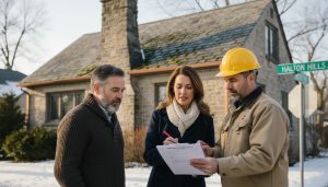 Realtor and homeowner review a home inspection report in front of a Georgetown, Ontario house