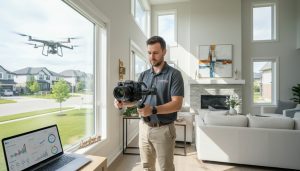 Real estate videographer filming a modern Georgetown Ontario home interior with drone footage and social analytics on laptop screen