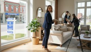 Real estate agent staging and photographing a Georgetown, Ontario home with Main Street in the background