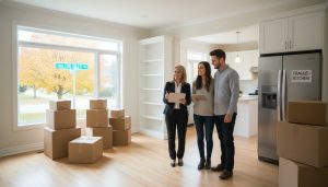 Realtor conducting a final walkthrough in a bright Georgetown, Ontario home with buyers and moving boxes.