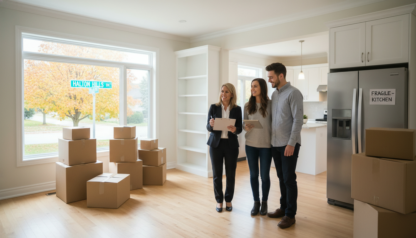 Realtor conducting a final walkthrough in a bright Georgetown, Ontario home with buyers and moving boxes.