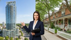 Split scene of Georgetown high-rise condo tower and low-rise townhouses with a real estate agent pointing between them