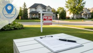 For sale sign outside a Georgetown Ontario home with real estate contract on a clipboard