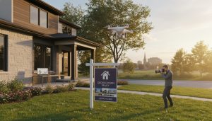 Georgetown Ontario home with For Sale sign, photographer, drone, and digital marketing analytics on a laptop and phone.