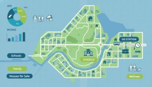 Infographic map of Georgetown Ontario showing demographics, schools, GO station, houses for sale and data charts