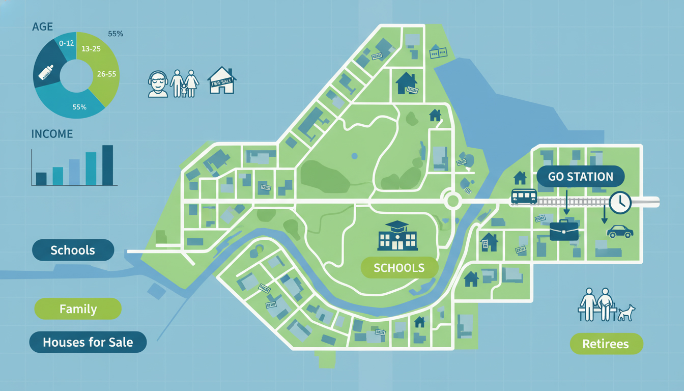 Infographic map of Georgetown Ontario showing demographics, schools, GO station, houses for sale and data charts