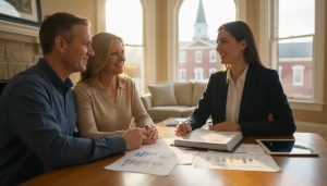Realtor and homeowners reviewing an appraisal report in a Georgetown home
