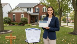 Realtor in front of a Georgetown, Ontario home holding a tablet showing Town of Halton Hills tax portal and a property tax certificate.