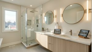 Modern renovated bathroom in a Georgetown, Ontario home with new vanity and subway tile shower