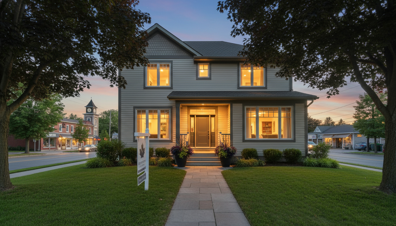 Twilight exterior of a staged home in Georgetown, Ontario with a For Sale sign and warm interior lights