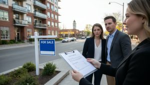Georgetown condo building with status certificate and special assessment documents on clipboard handed to buyers