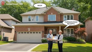 Georgetown Ontario house with roof, HVAC unit and seller handing paperwork to a realtor