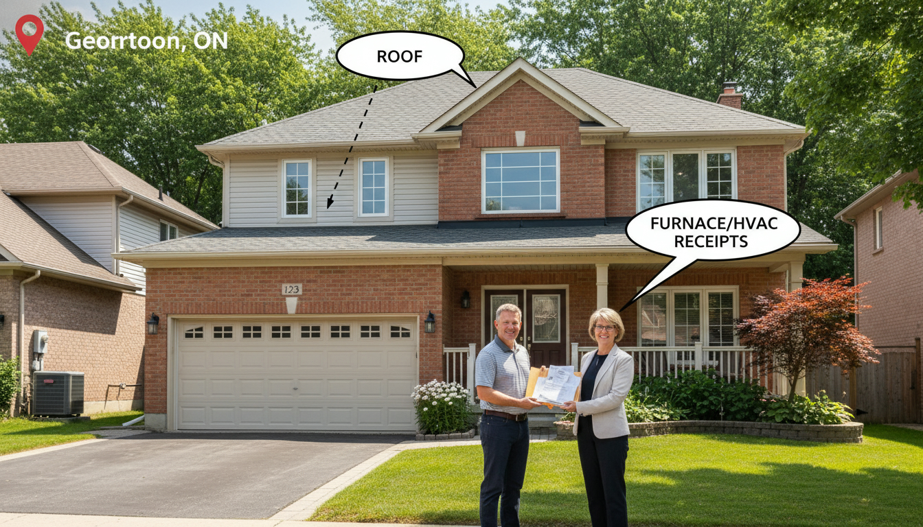 Georgetown Ontario house with roof, HVAC unit and seller handing paperwork to a realtor