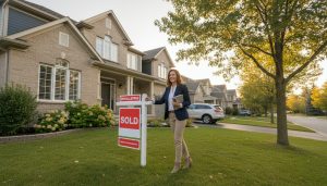 Realtor placing a 'Sold' sign in front of a Georgetown, ON suburban home at golden hour