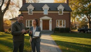Home inspector and realtor reviewing a checklist outside a house in Georgetown, Ontario