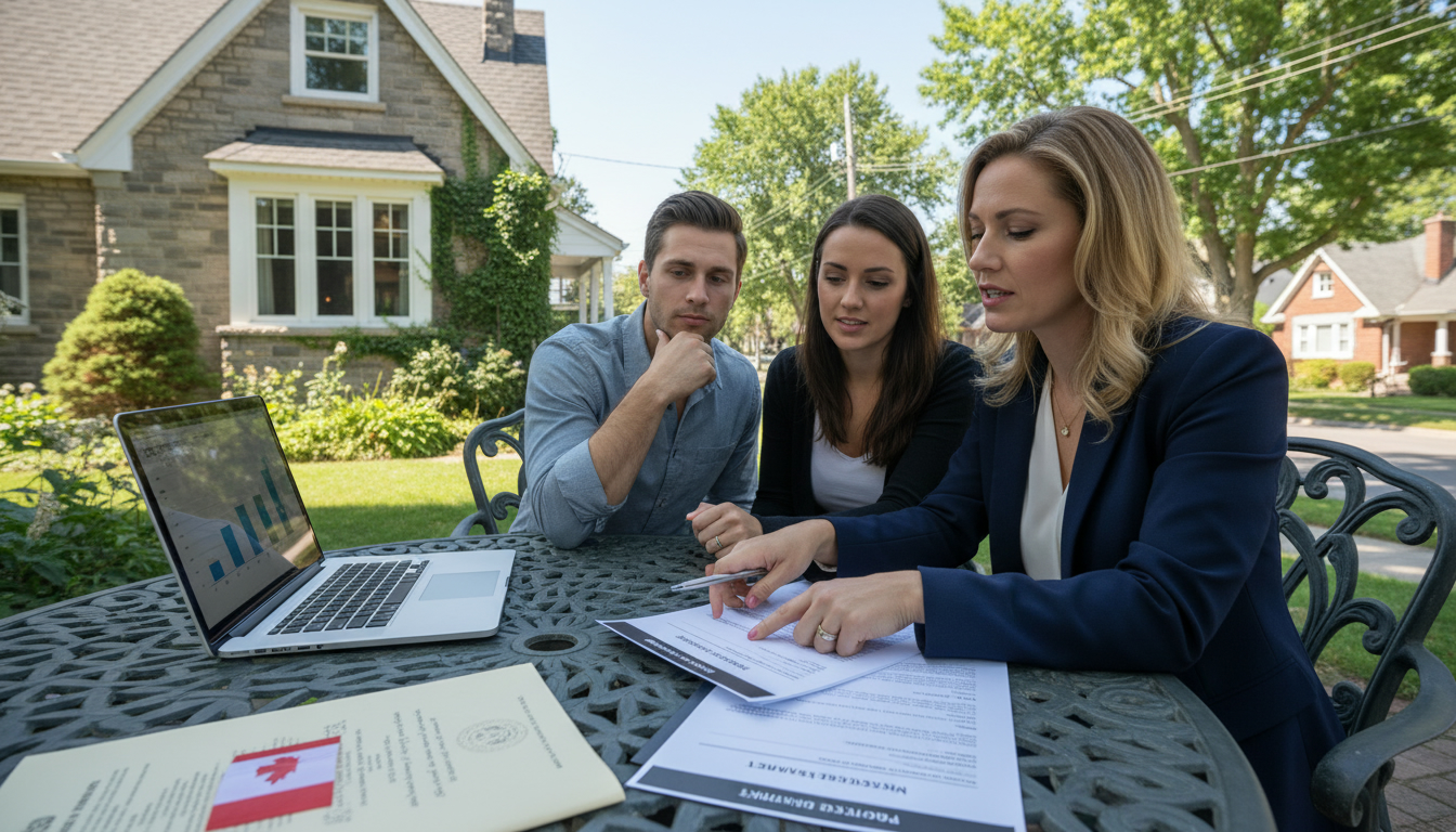 Realtor advising sellers with mortgage discharge and payout documents outside a Georgetown, Ontario home