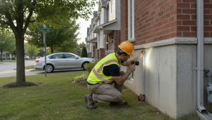 Home inspector examining a foundation crack at a Georgetown, Ontario house
