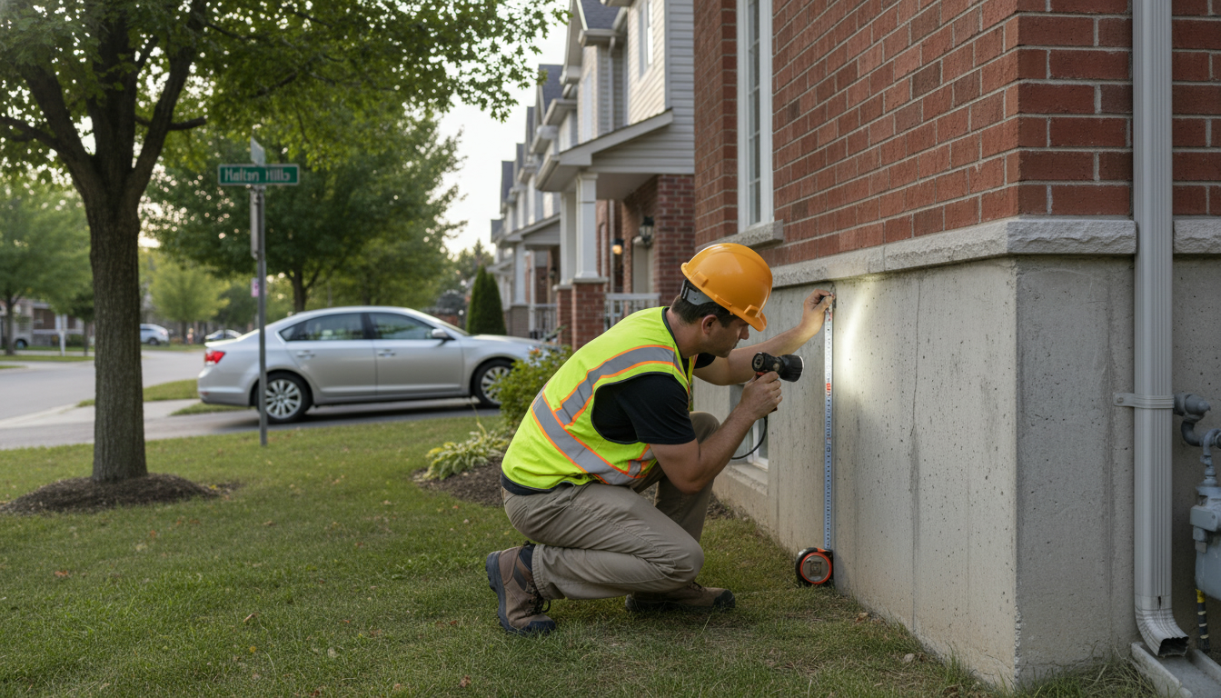 Home inspector examining a foundation crack at a Georgetown, Ontario house