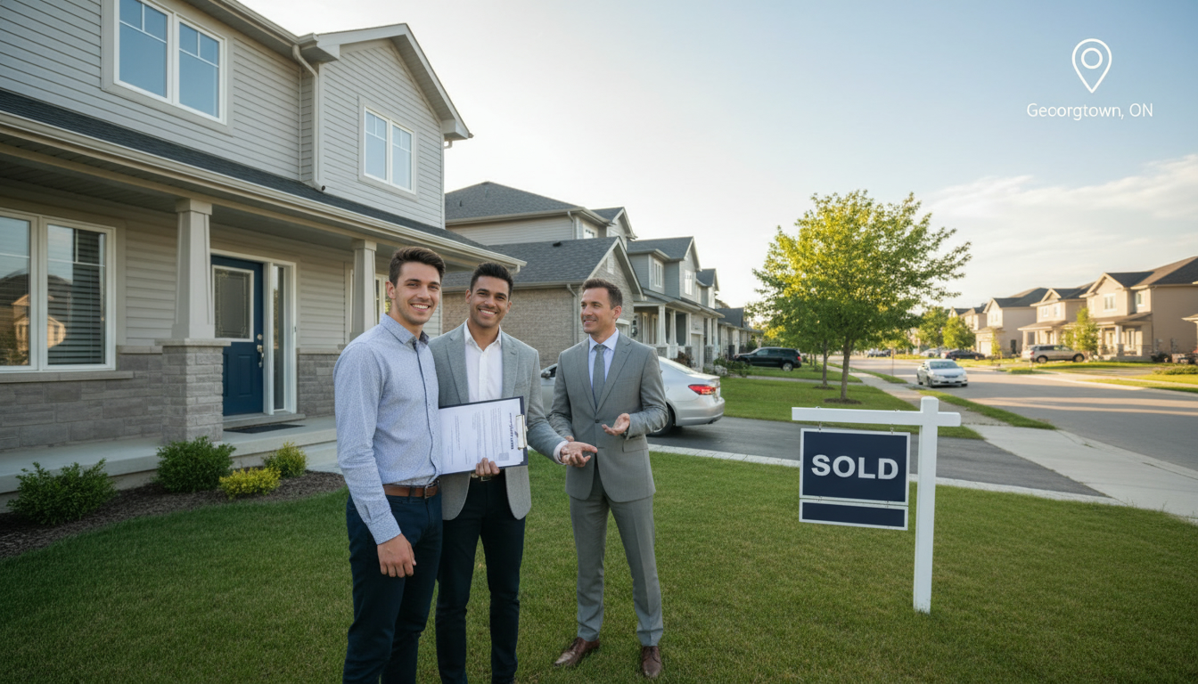 Young couple with realtor in front of a sold home in Georgetown, Ontario, holding mortgage documents.