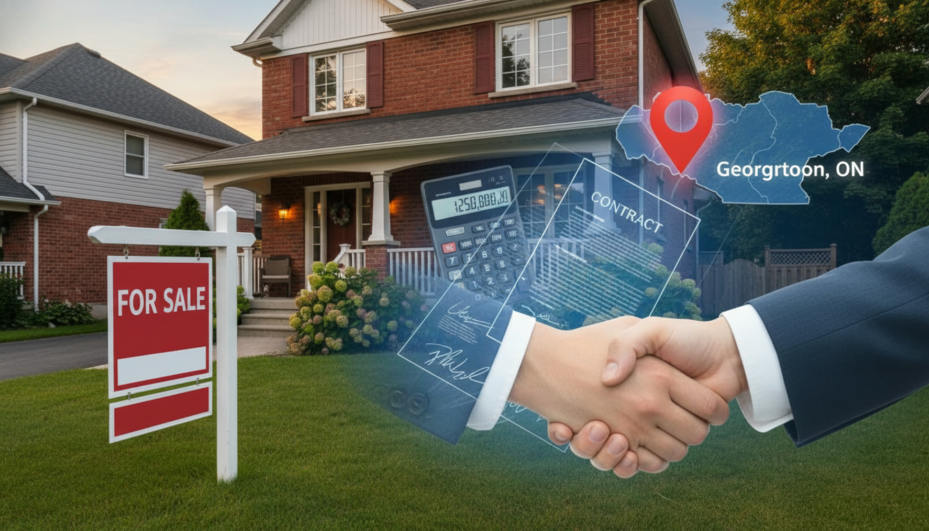 Georgetown Ontario house for sale with contract, calculator and handshake symbolizing negotiation and escalation clause.