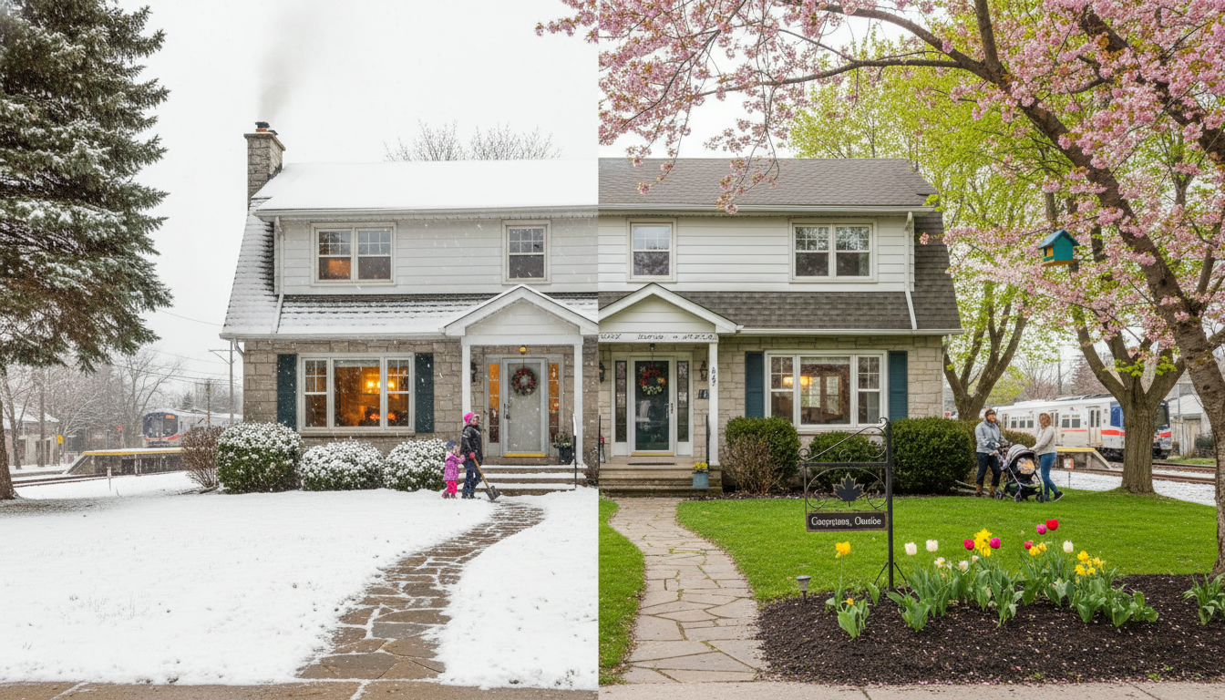Split-scene house in Georgetown, ON showing winter (snow, warm lights) and spring (green lawn, blooms) with a nearby commuter train platform.