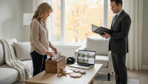 Homeowner putting photos into a memory box in a staged Georgetown home while realtor reviews market report
