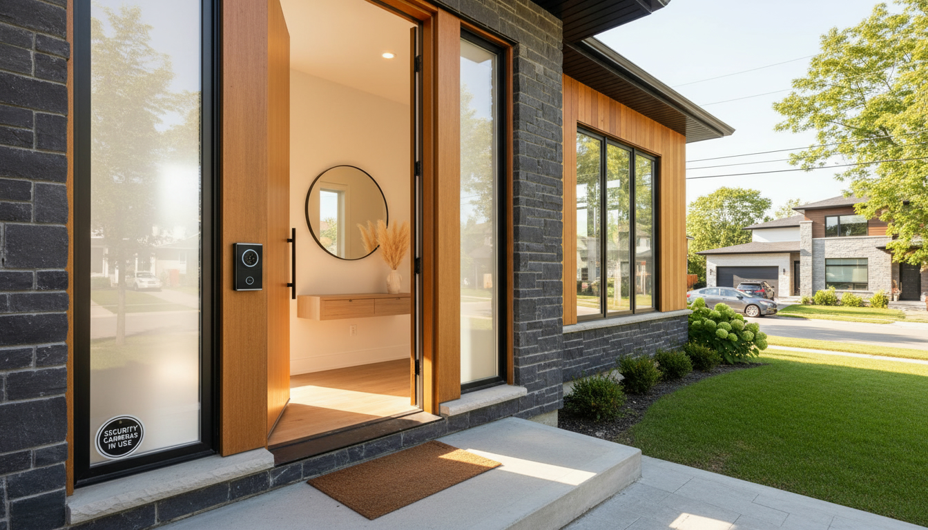 Georgetown home entry with visible doorbell camera and security sign, staged interior visible