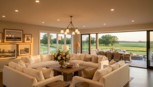 Staged luxury rural estate interior with oversized furniture, warm lighting and views of rolling farmland in Georgetown, Ontario.