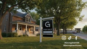 For sale sign outside a Georgetown, Ontario home with social media icons and hashtags overlayed to show online marketing.