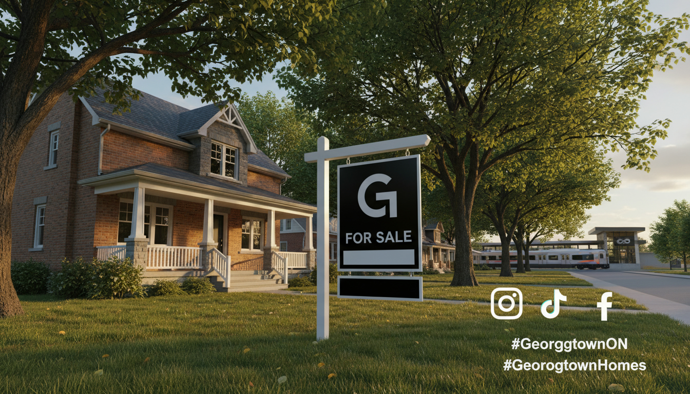 For sale sign outside a Georgetown, Ontario home with social media icons and hashtags overlayed to show online marketing.