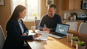 Agent and homeowner reviewing a mortgage payout statement at a kitchen table in a Georgetown, Ontario home.