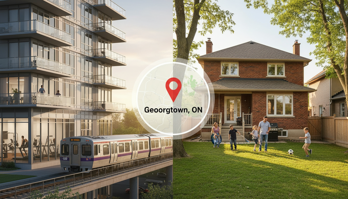Split image showing a modern condo and a detached house in Georgetown, Ontario with a map pinpoint