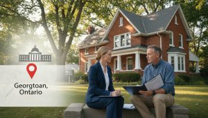 Realtor and executor reviewing probate paperwork in front of a Georgetown, Ontario home with courthouse silhouette in background