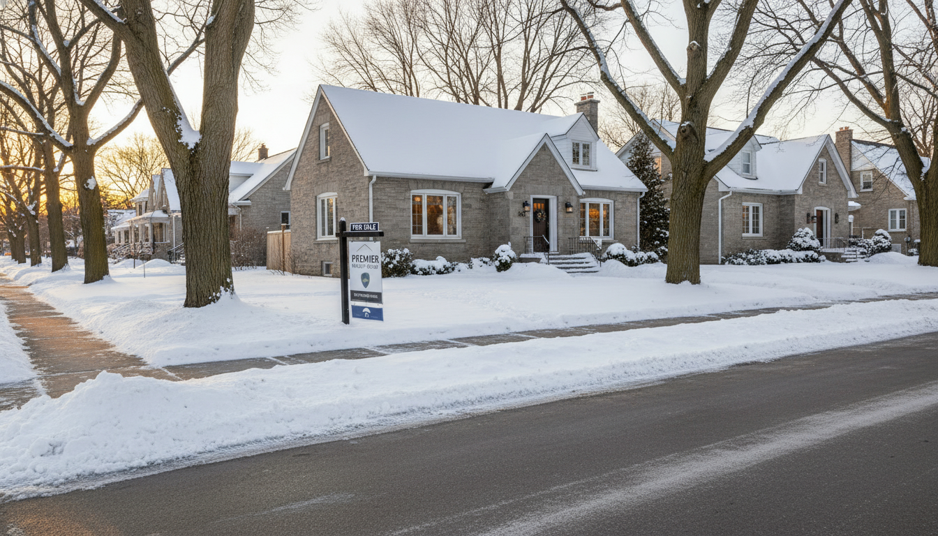 Georgetown, Ontario home with real estate sign, insurance shield icon and umbrella symbol indicating homeowners liability protection