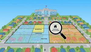 Aerial view of Georgetown neighborhood with zoning map overlay and magnifying glass highlighting a property