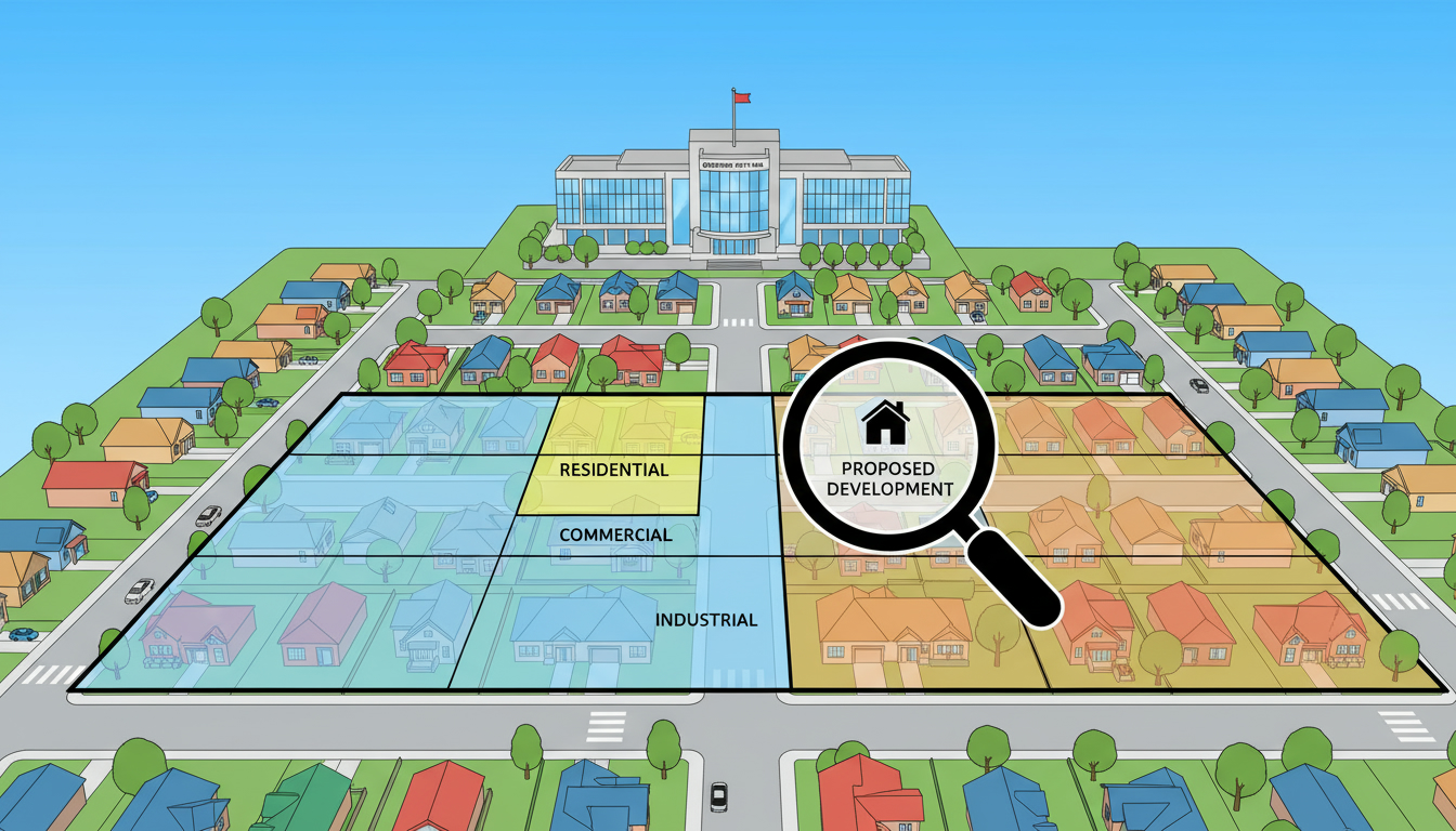 Aerial view of Georgetown neighborhood with zoning map overlay and magnifying glass highlighting a property