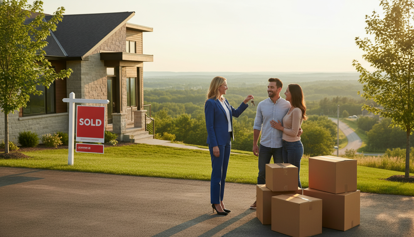 Realtor handing keys to buyers in front of a sold house in Georgetown Ontario with moving boxes.