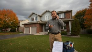 Georgetown home seller on phone with real estate contract and tool bag on porch