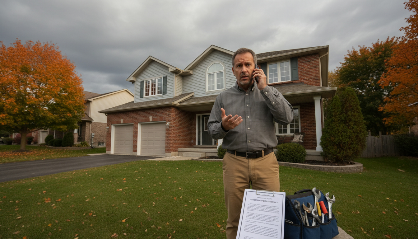 Georgetown home seller on phone with real estate contract and tool bag on porch