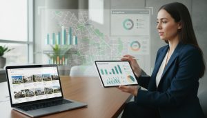 Map of Georgetown Ontario with real estate charts and a realtor pointing at data on a tablet