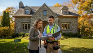Home inspector and homeowner reviewing inspection report outside a stone house in Georgetown, Ontario