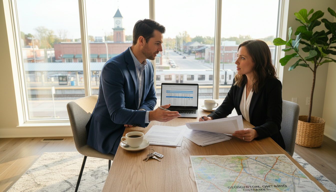 Realtor reviewing offer documents at a table with a map of Georgetown Ontario visible