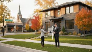 Realtor removing a 'For Sale' sign from a Georgetown, Ontario house while handing paperwork to the homeowner