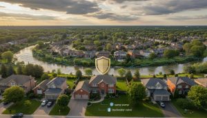 Georgetown Ontario house near a creek with flood map overlay and insurance shield icon