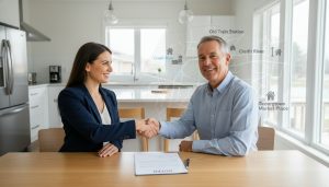 Realtor reviewing a home offer with seller in a bright Georgetown, Ontario kitchen