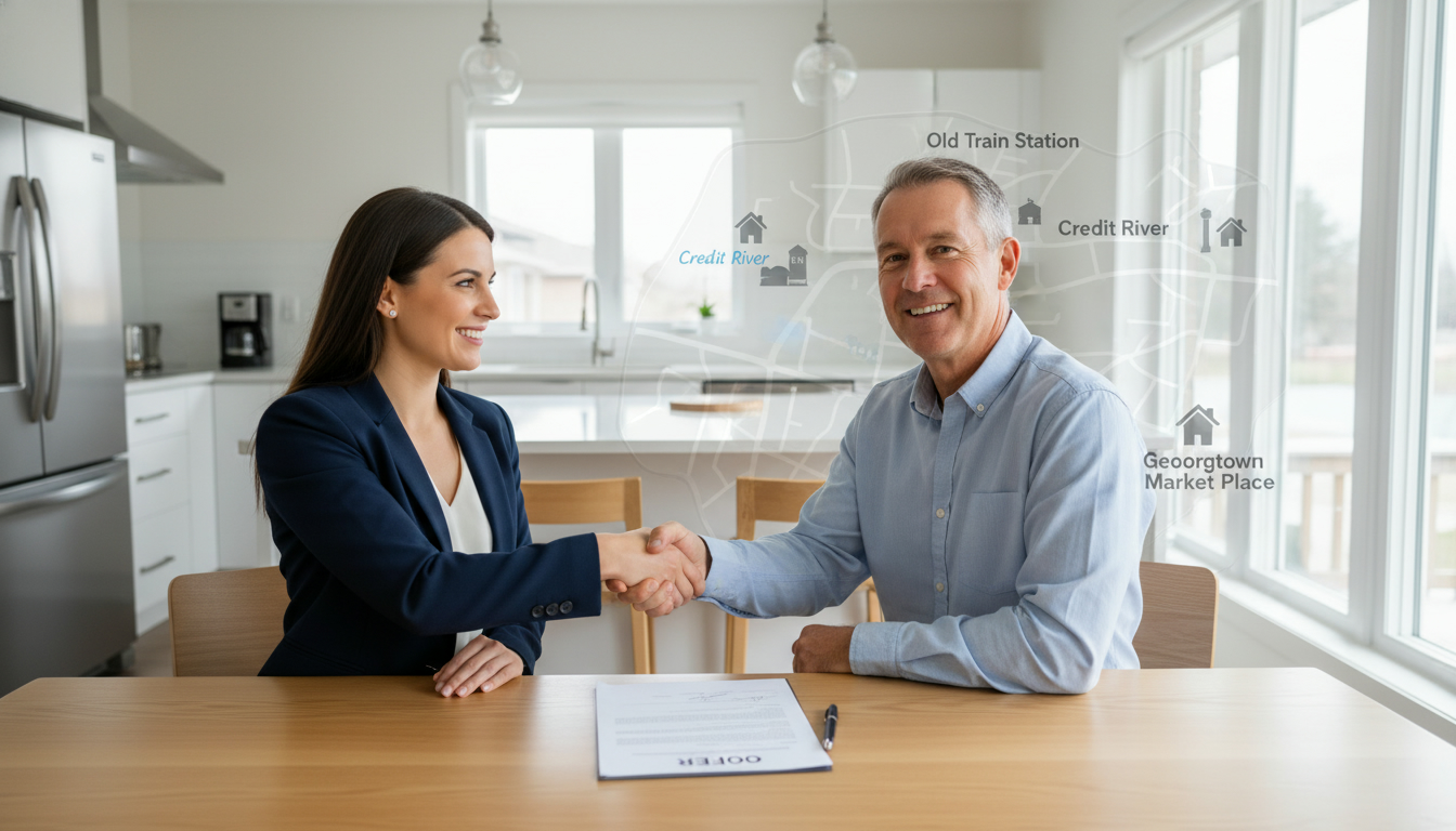 Realtor reviewing a home offer with seller in a bright Georgetown, Ontario kitchen