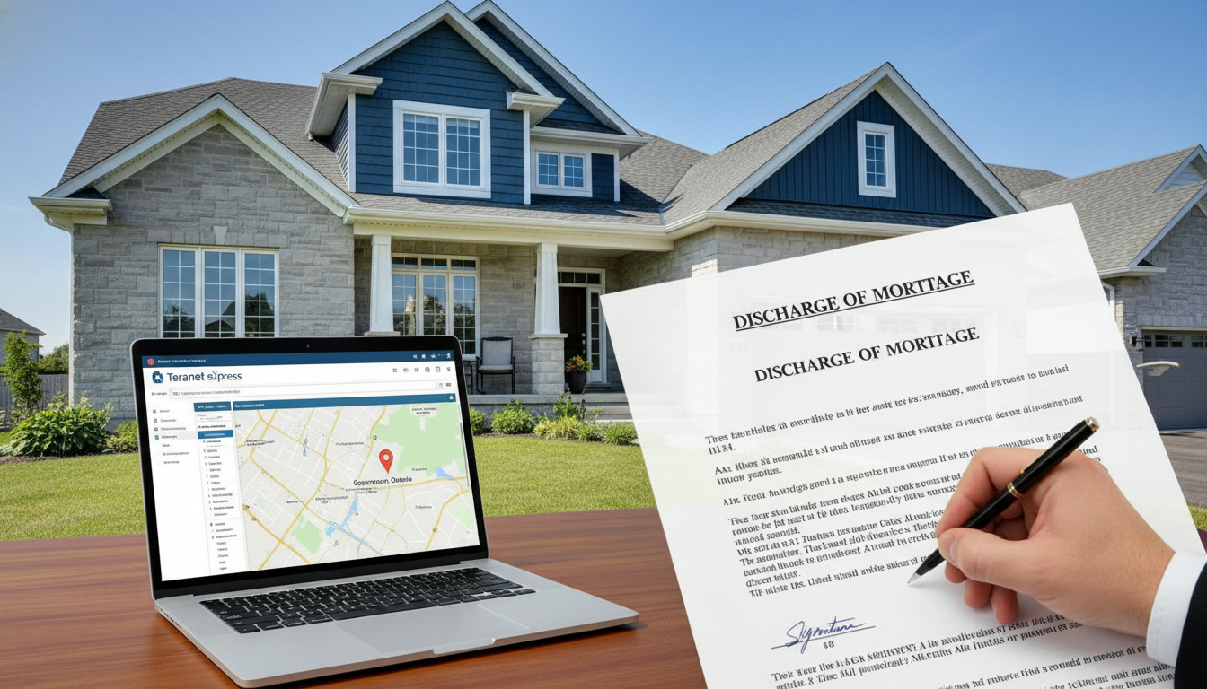 Georgetown Ontario home with Discharge of Mortgage document and lawyer preparing registration