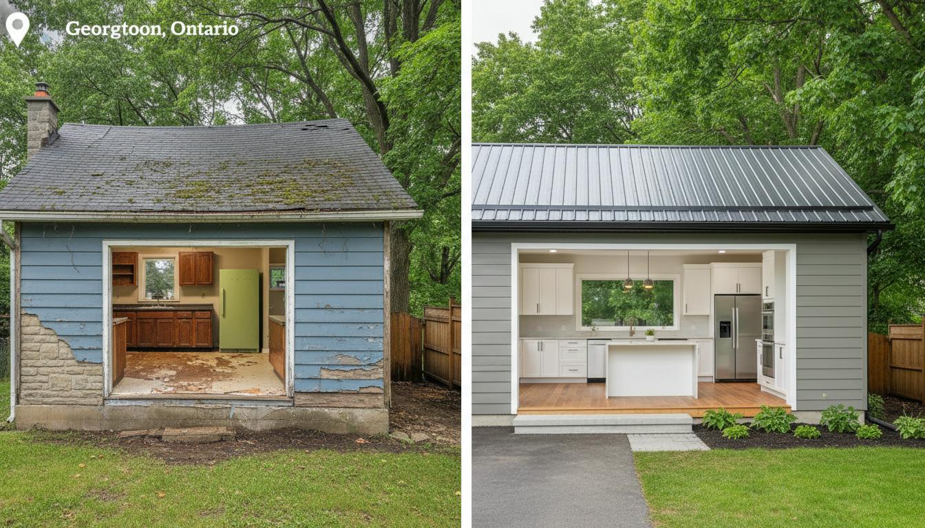 Before and after image of a Georgetown Ontario home renovation showing cracked foundation and dated kitchen versus renovated modern kitchen and new roof.