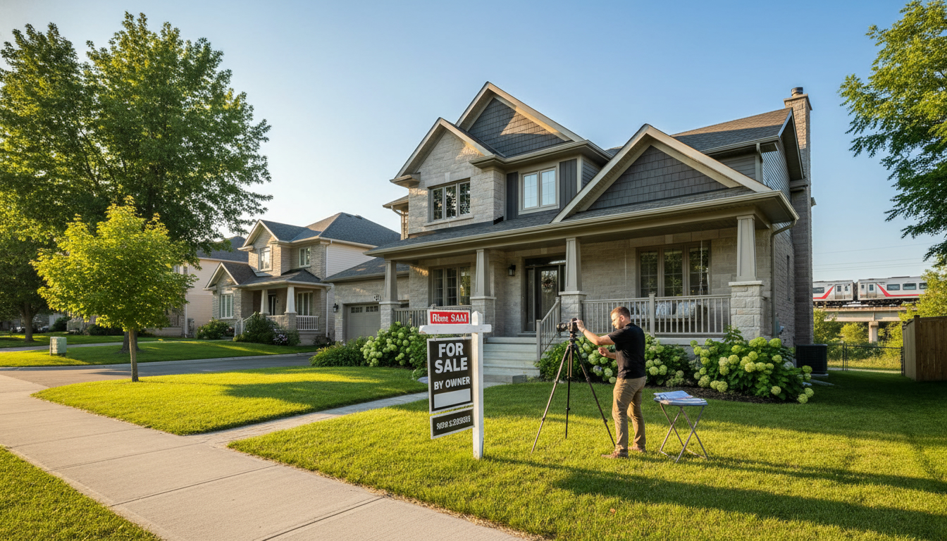 Detached family home in Georgetown Ontario with For Sale By Owner sign and homeowner reviewing paperwork during a photoshoot