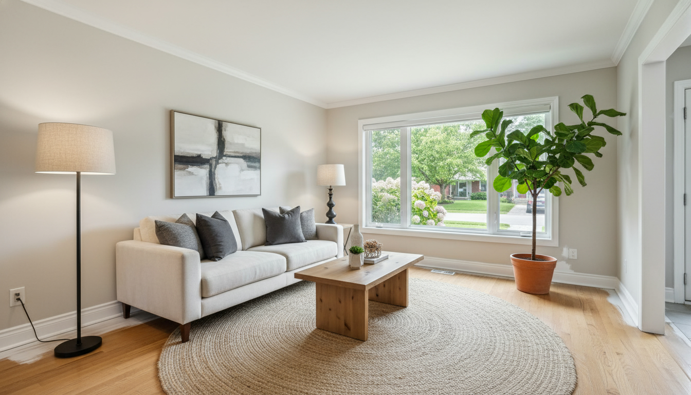 Staged living room in a Georgetown home showing clean neutral decor and visible minor touch-ups